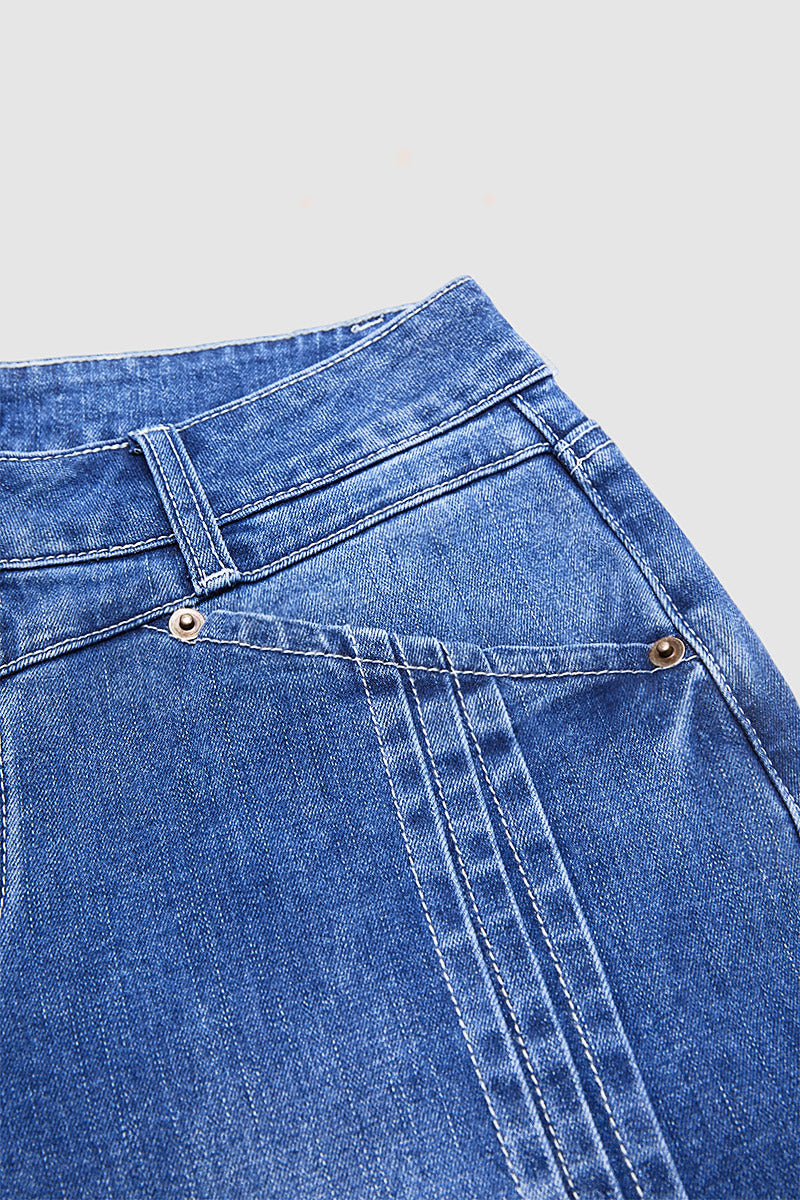 Wash Pleated High Rise Straight Leg Crop Jeans Without Belt