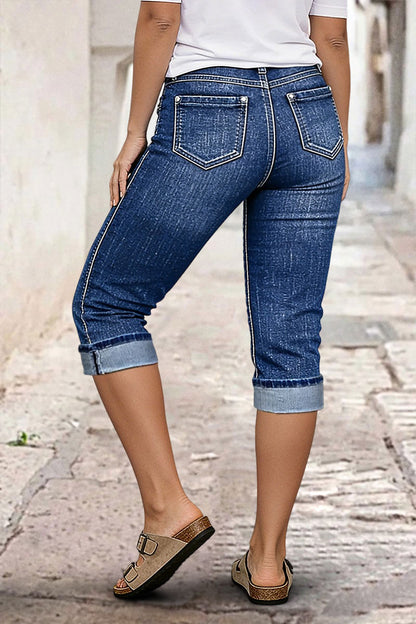 Wash Roll Hem Mid Rise Capri Skinny Jeans