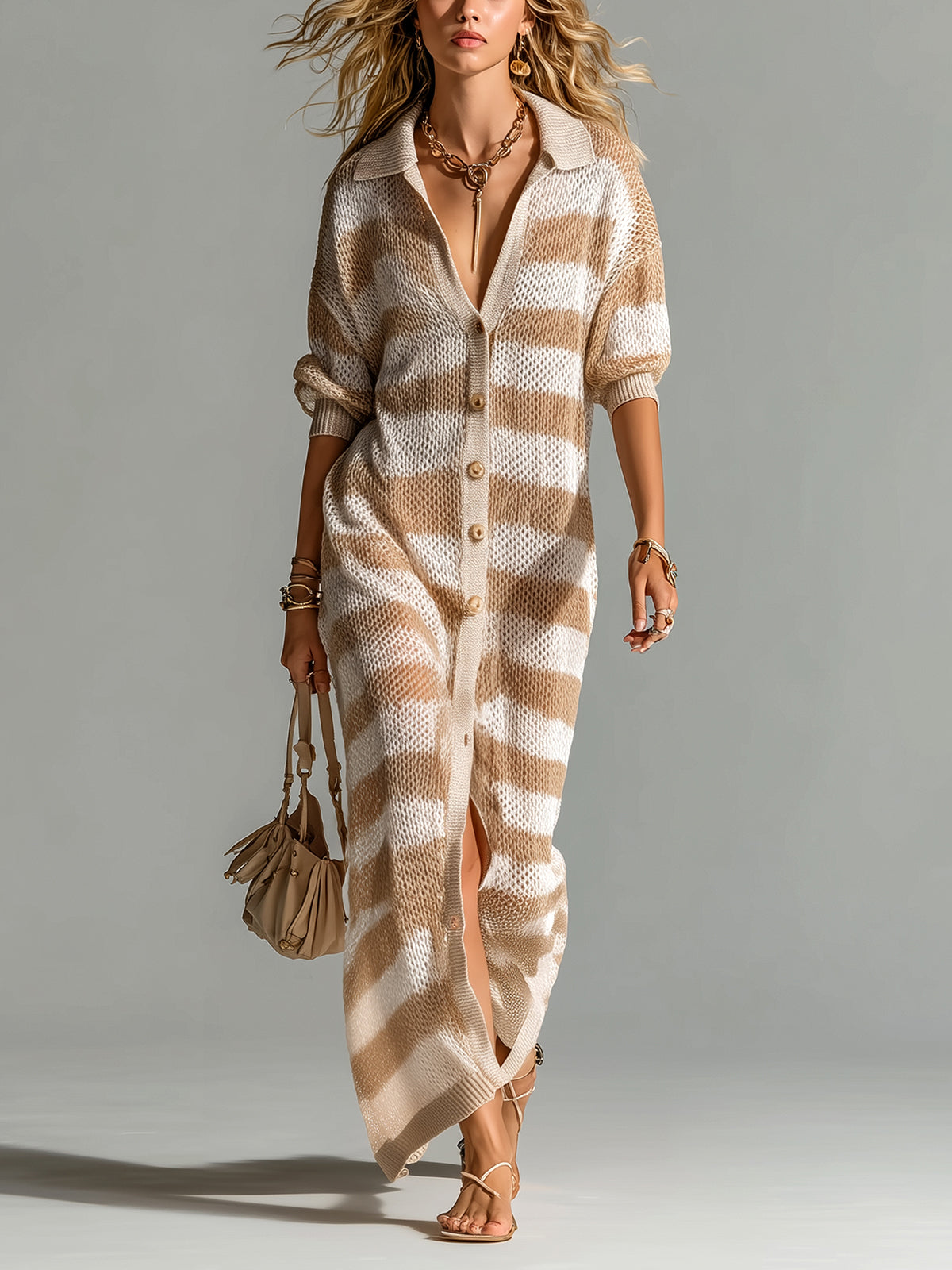Chic Elegant Camel-Beige Stripes Lapel Collar Single-Breasted Short-Sleeve Loose-Fit Mesh Knit Maxi Dress
