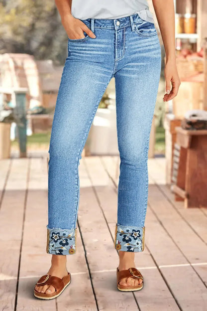Roll Hem Floral Embroidery Mid Waist Straight Leg Crop Jeans