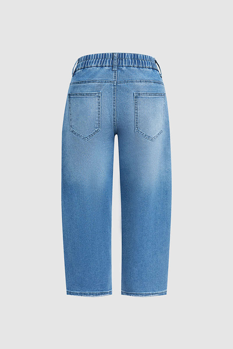 Raw Hem Drawstring Mid Waist Barrel Leg Capri Jeans