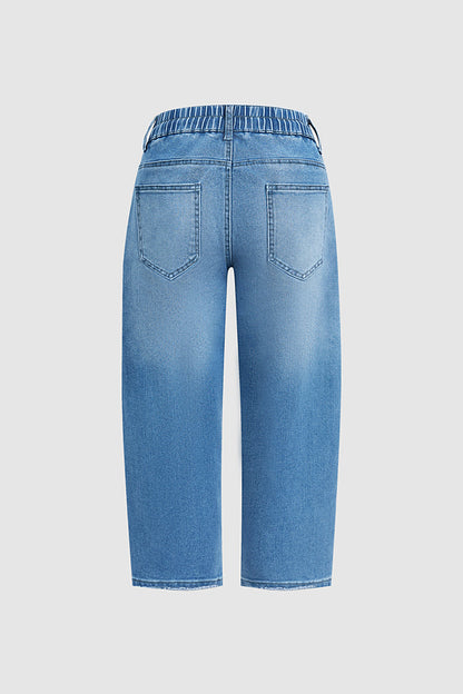 Raw Hem Drawstring Mid Waist Barrel Leg Capri Jeans