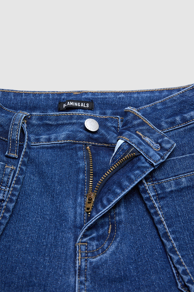 Wash Patch Pocket Drawstring High Rise Mid Thigh Denim Shorts
