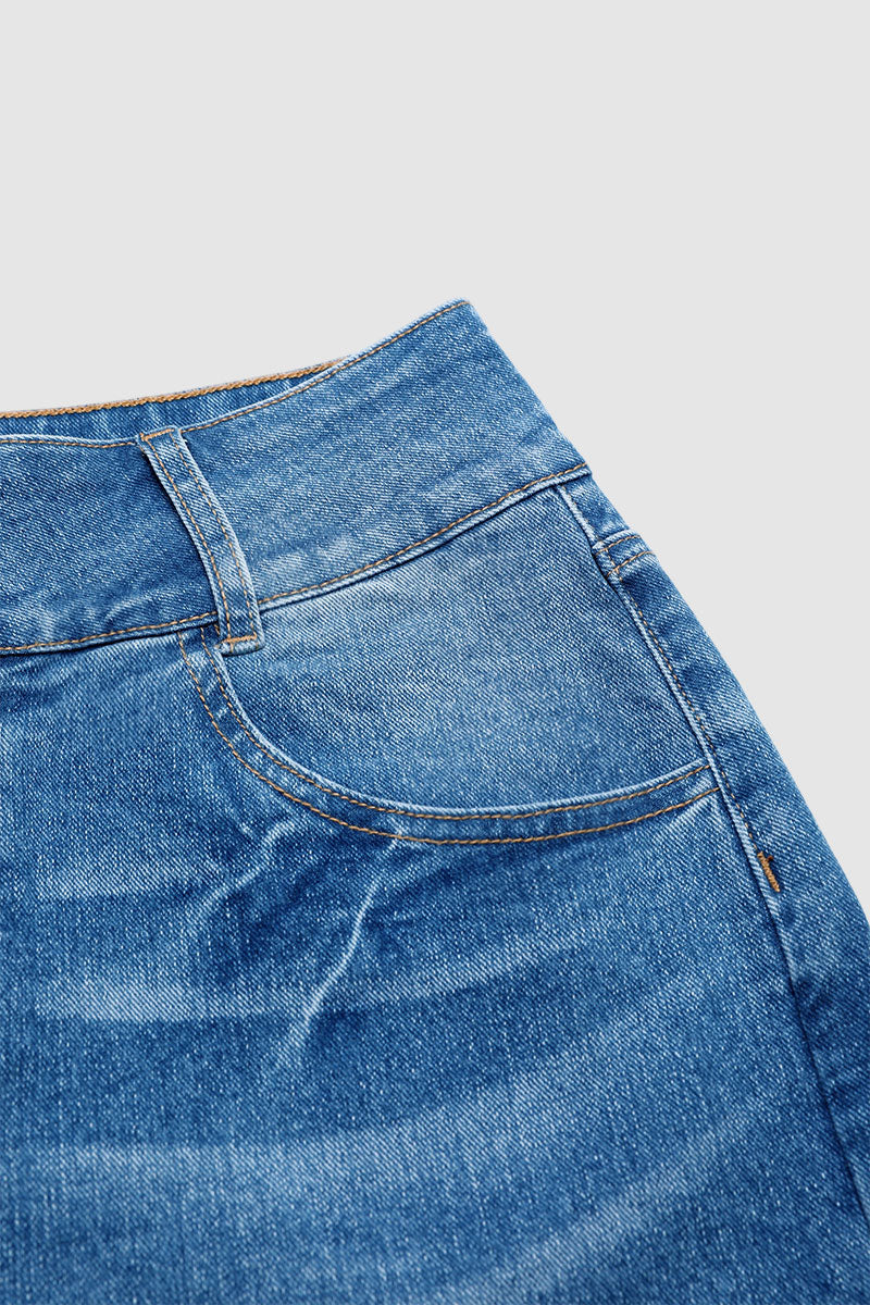 Asymmetrical Button Fly Mid Waist Denim Mid Thigh Shorts