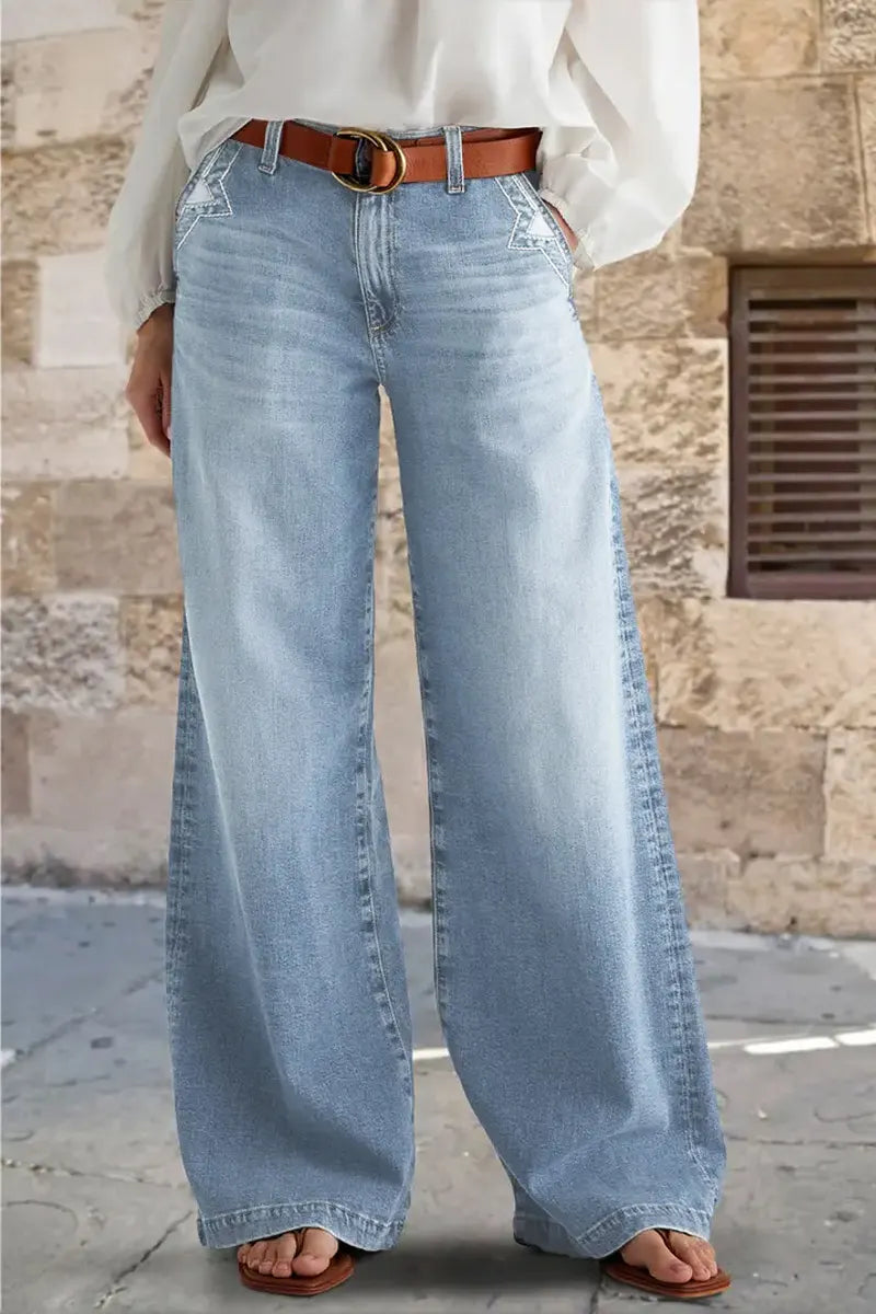 Wash Stitch Decor Wide Leg Mid Rise Jeans Without Belt