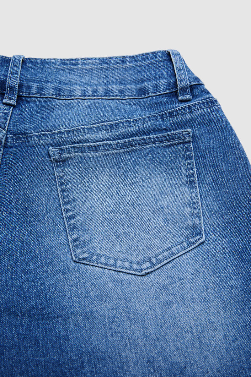 Wash Split Hem Dual Button Mid Rise Wide Leg Jeans