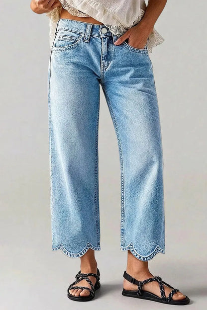Wash Scallop Hem Mid Waist Straight Leg Crop Jeans