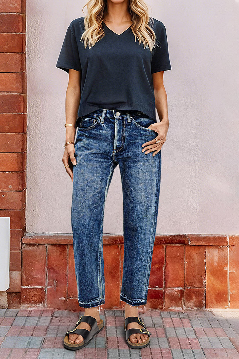 Wash Raw Hem Mid Rise Straight Leg Crop Jeans