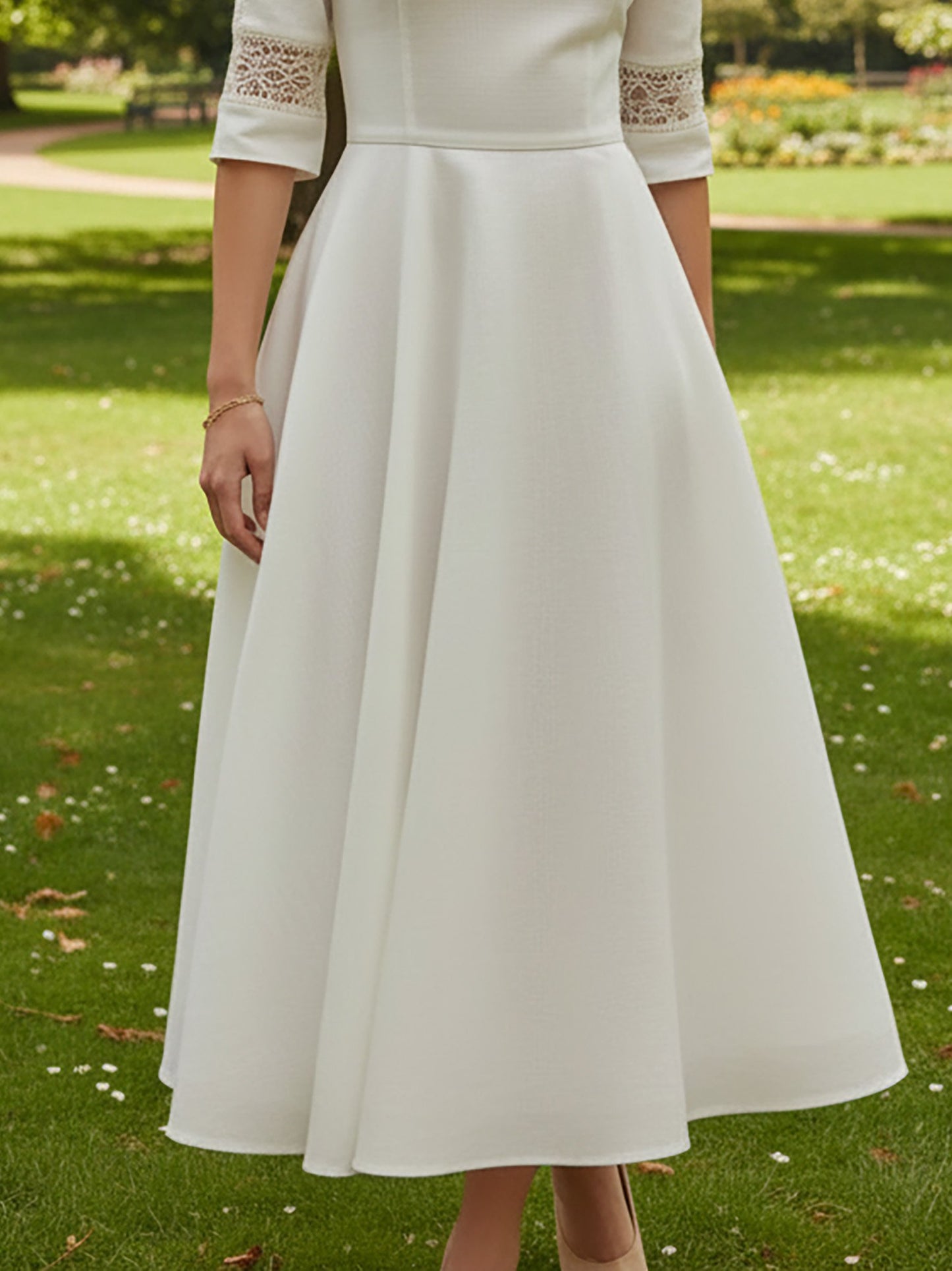 Robe midi en lin, manches courtes, col rond, unie, dentelle, vacances, vintage, blanche