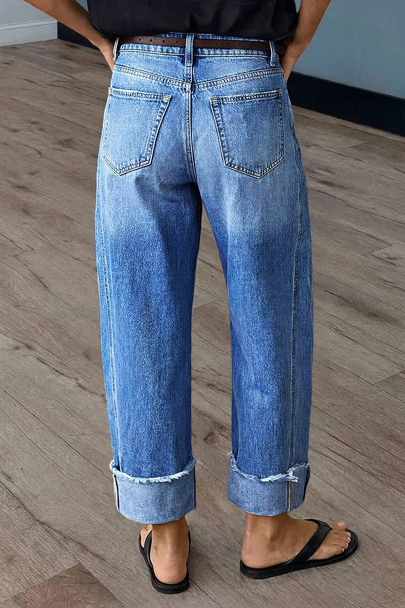Wash Seam Front Roll Raw Hem Mid Rise Straight Leg Crop Jeans Without Belt
