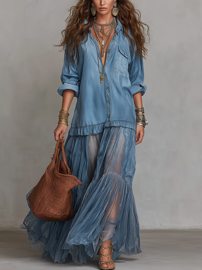 Robe en organza patchwork de denim bleu bohème