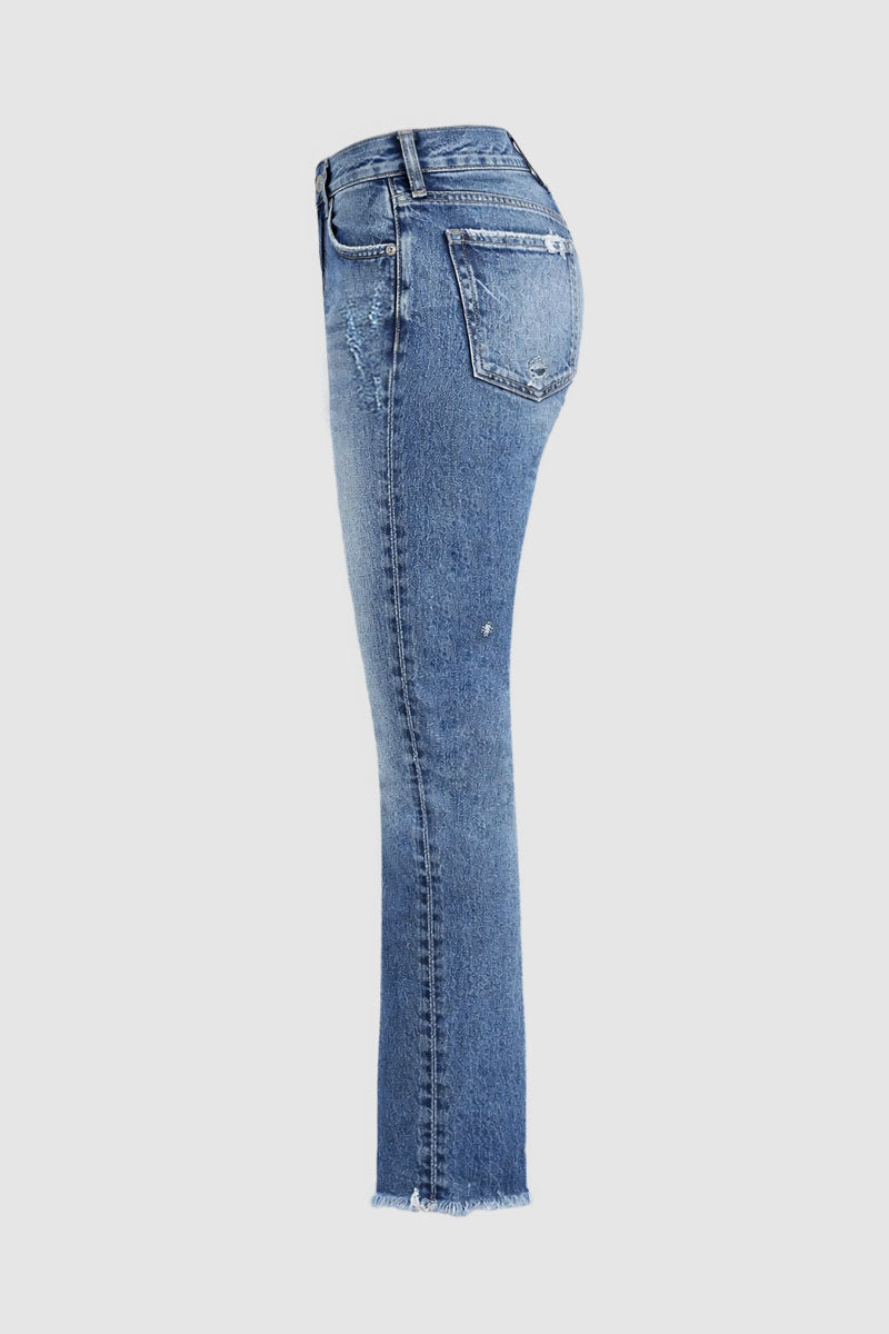 Raw Hem Ripped Mid Rise Straight Leg Crop Jeans
