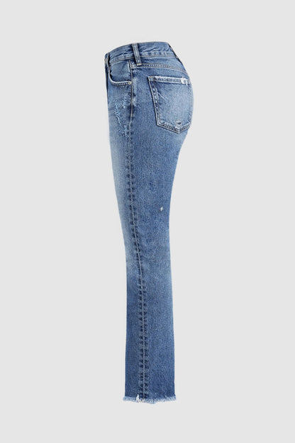 Raw Hem Ripped Mid Rise Straight Leg Crop Jeans