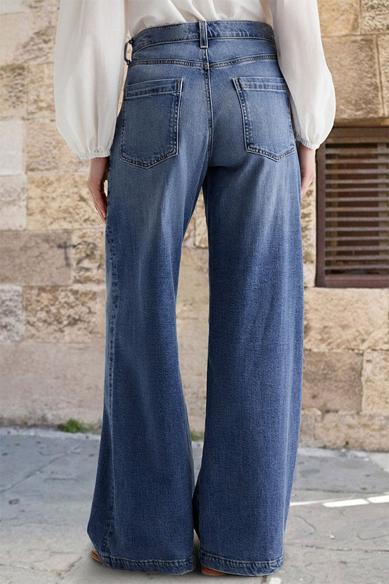 Wash Stitch Decor Wide Leg Mid Rise Jeans Without Belt