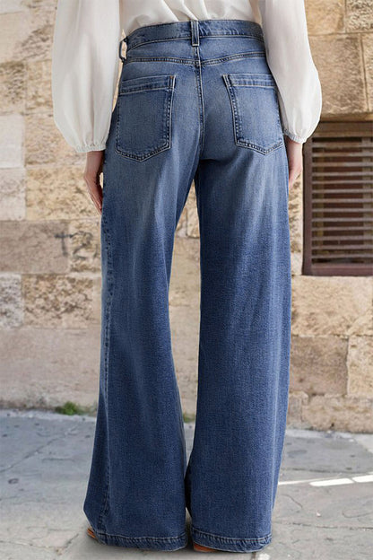 Wash Stitch Decor Wide Leg Mid Rise Jeans Without Belt
