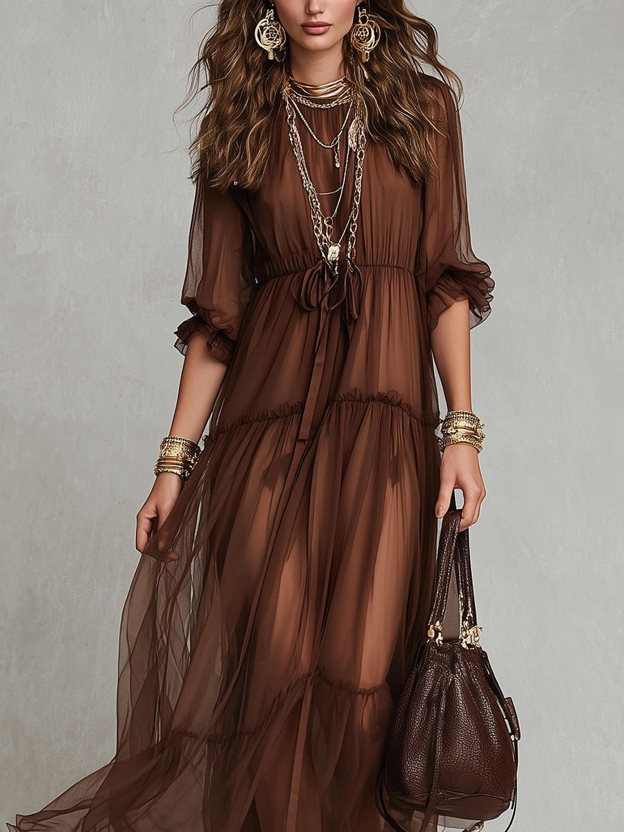 Robe longue en tulle marron style bohème