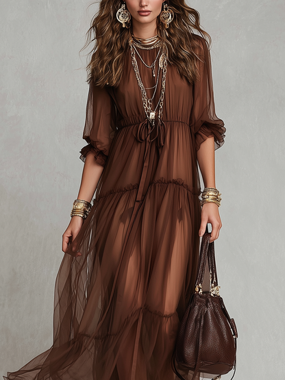 Robe longue en tulle marron style bohème