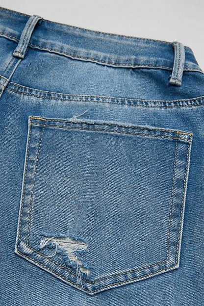 Wash Raw Hem Ripped Mid Rise Crop Straight Leg Jeans