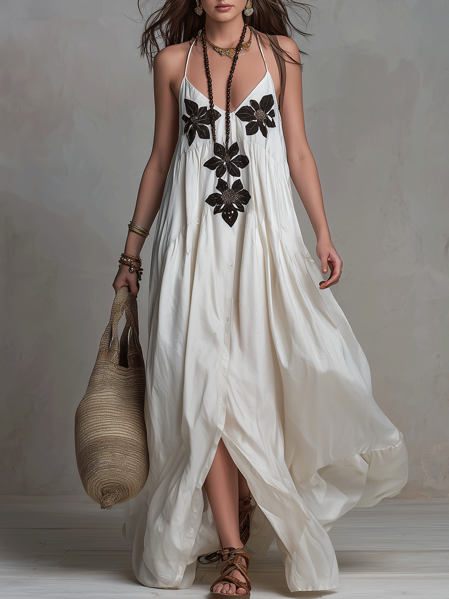Robe longue élégante à col montant, ornée de fleurs bohèmes