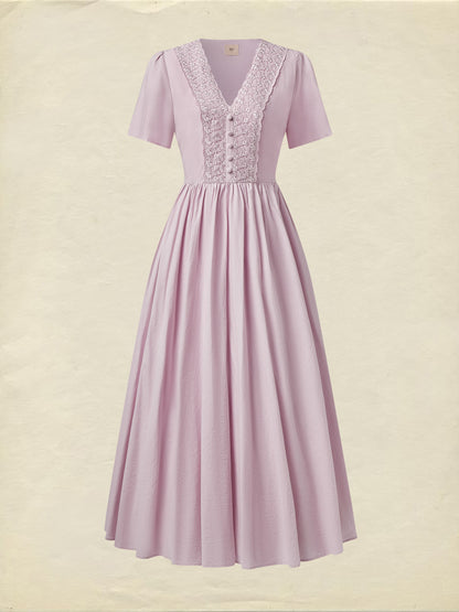 Robe longue en coton, manches courtes, col en V, unie, style vintage, violette