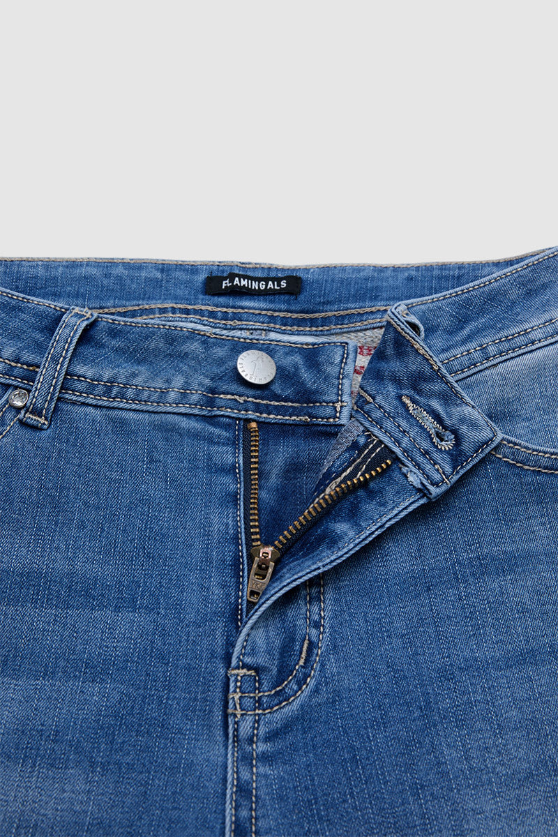Star & Stripe Embroidery Raw Hem Ripped High Waist Denim Bermuda Shorts