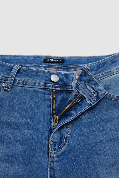 Star & Stripe Embroidery Raw Hem Ripped High Waist Denim Bermuda Shorts