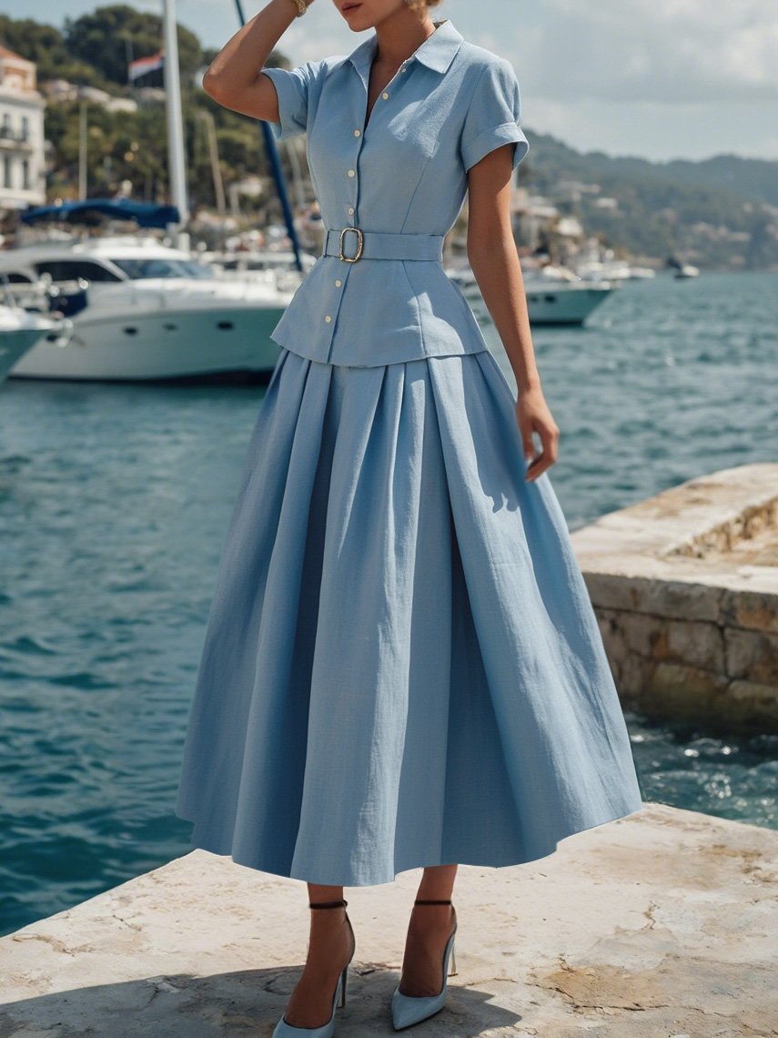Ensemble en coton, manches courtes, col châle, uni, boutonné, vintage, bleu