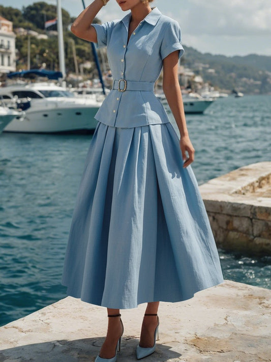 Ensemble en coton, manches courtes, col châle, uni, boutonné, vintage, bleu