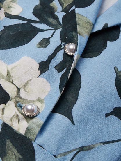 Robe longue en lin, Manches mi-longues, Col à revers, Florale, Vacances, Vintage, Bleue