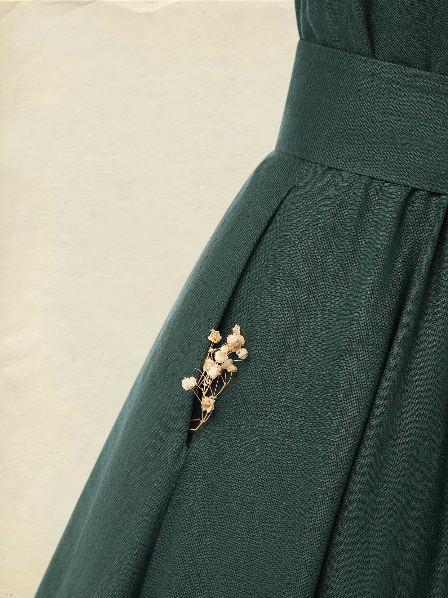 Robe Midi en Lin, Manches Courtes, Col Cœur, Unie, Vintage, Vert Foncé