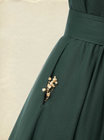 Robe Midi en Lin, Manches Courtes, Col Cœur, Unie, Vintage, Vert Foncé