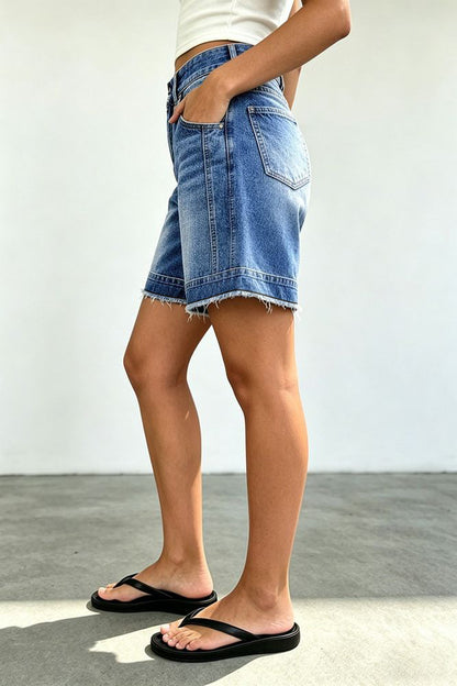 Wash Raw Hem Dual Button Mid Rise Mid Thigh Denim Shorts