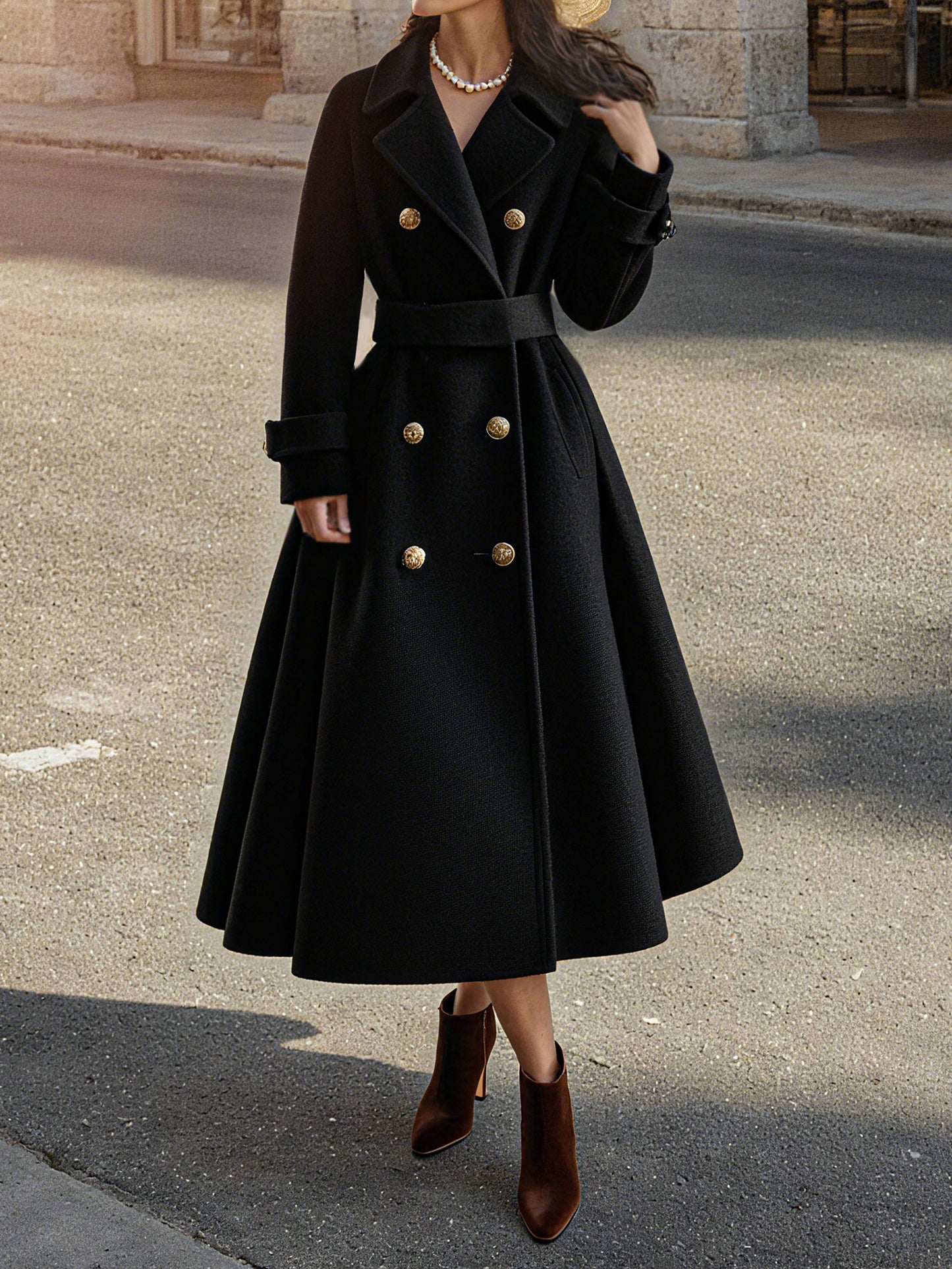 Trench-coat en laine, manches longues, col à revers, uni, boutonné, vintage, noir