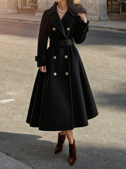 Trench-coat en laine, manches longues, col à revers, uni, boutonné, vintage, noir
