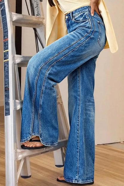Wash Seam Side Split Hem High Rise Wide Leg Jeans