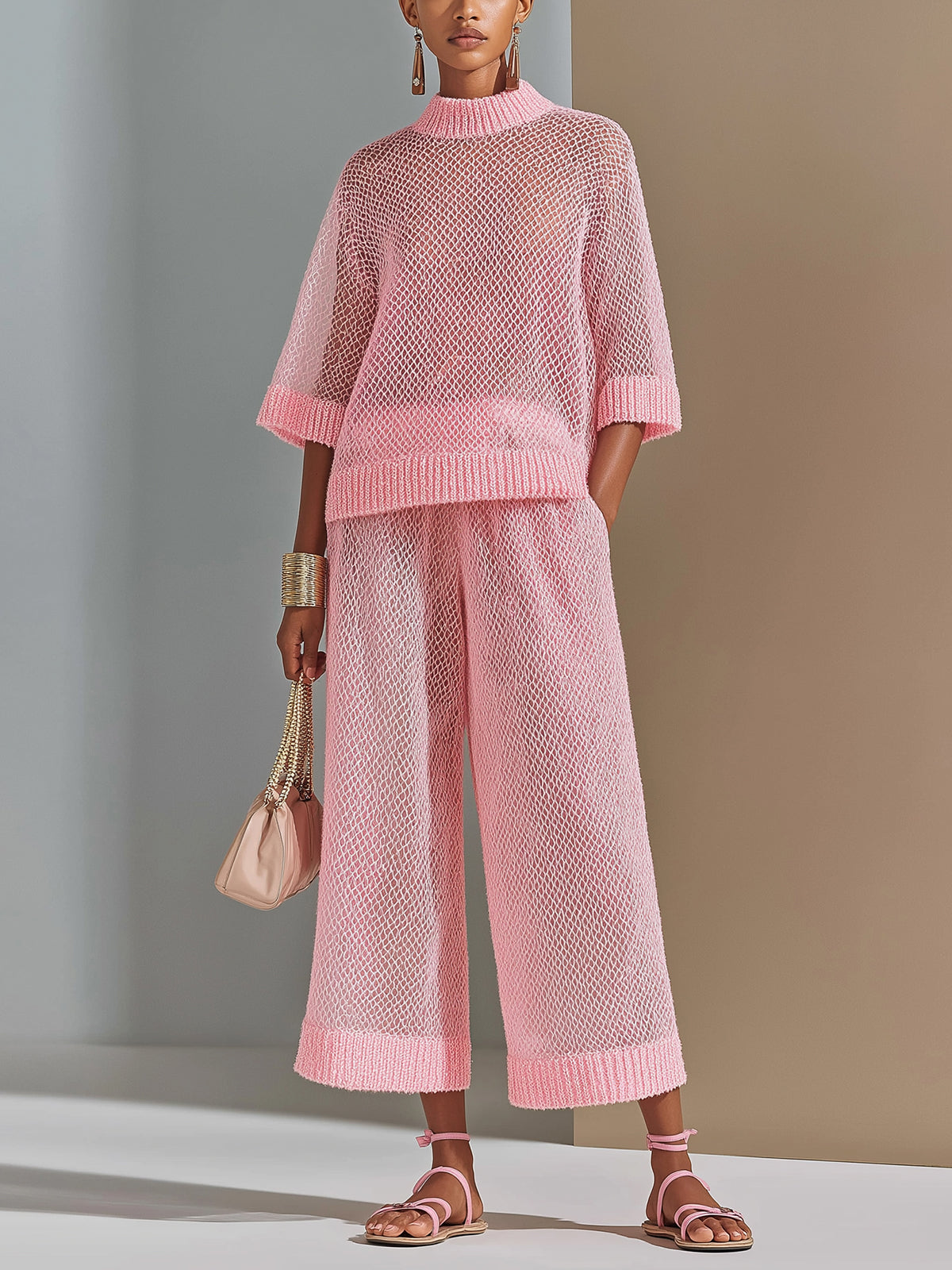 Chic Elegant Pink Mock Neck Half-Sleeve Sweater Wide-Leg Cropped Pants Knit Two-Piece Set