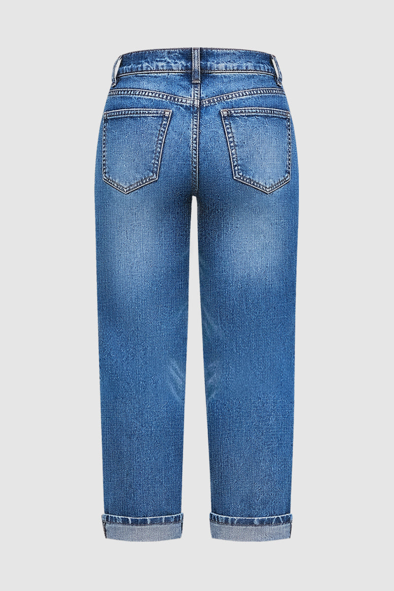 Wash Ripped Mid Waist Straight Leg Crop Jeans