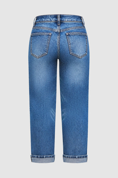 Wash Ripped Mid Waist Straight Leg Crop Jeans