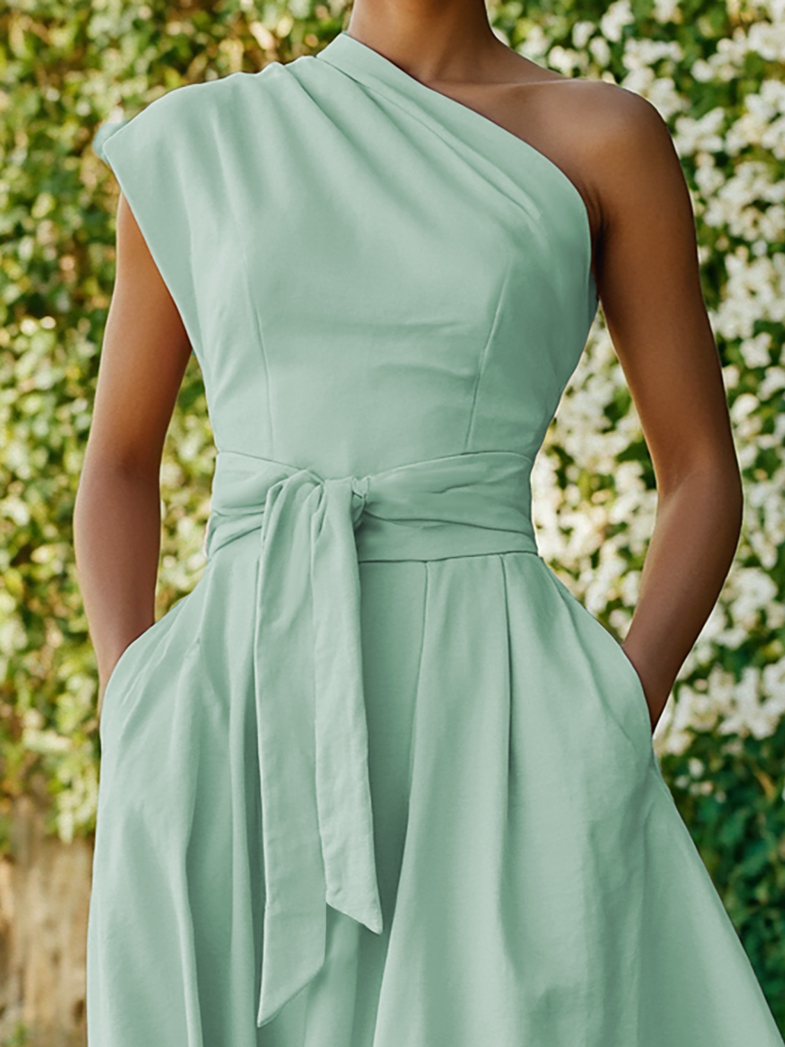 Robe longue en coton, sans manches, asymétrique (une épaule), unie, ceinture décorative, vintage, rose clair