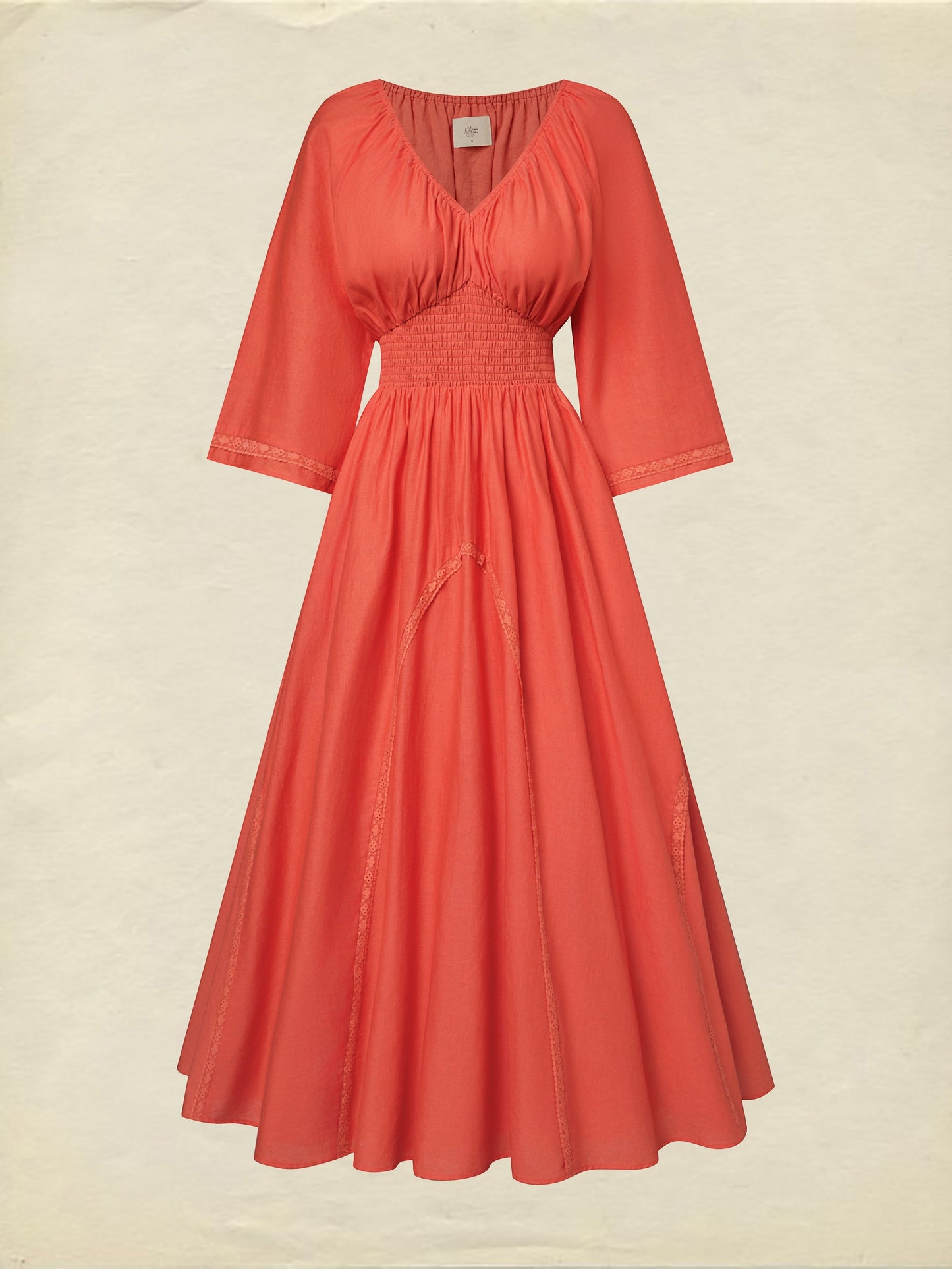 Robe longue en coton, demi-manches, col en V, unie, dentelle, vacances, vintage, orange clair