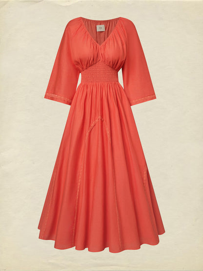 Robe longue en coton, demi-manches, col en V, unie, dentelle, vacances, vintage, orange clair