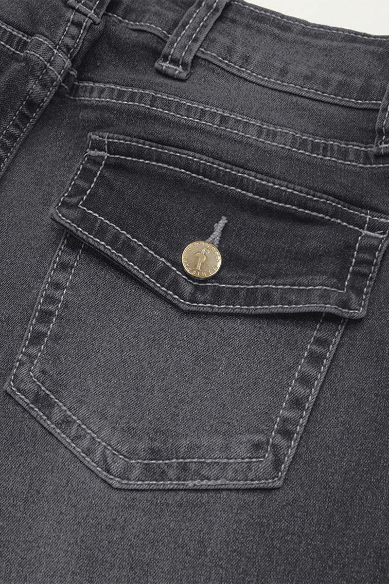 Wash Mid Waist Buttoned Hem Bootcut Jeans Without Belt