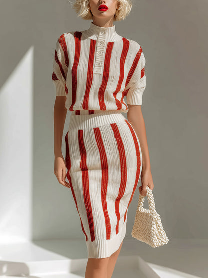 Chic Vintage Red-Beige Stripes Button-Up Mock Neck Short-Sleeve Loose-Fit Sweater Bodycon Midi Skirt Knit Two-Piece Set