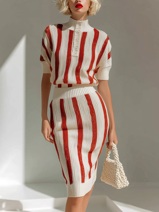 Chic Vintage Red-Beige Stripes Button-Up Mock Neck Short-Sleeve Loose-Fit Sweater Bodycon Midi Skirt Knit Two-Piece Set