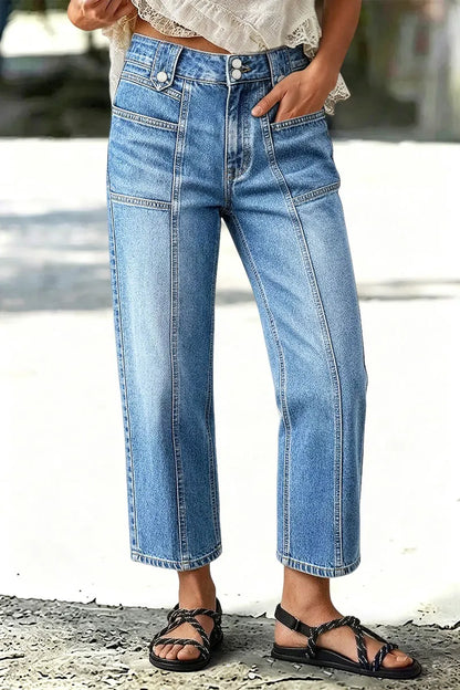 Wash Stitch Front Mid Rise Straight Leg Crop Jeans