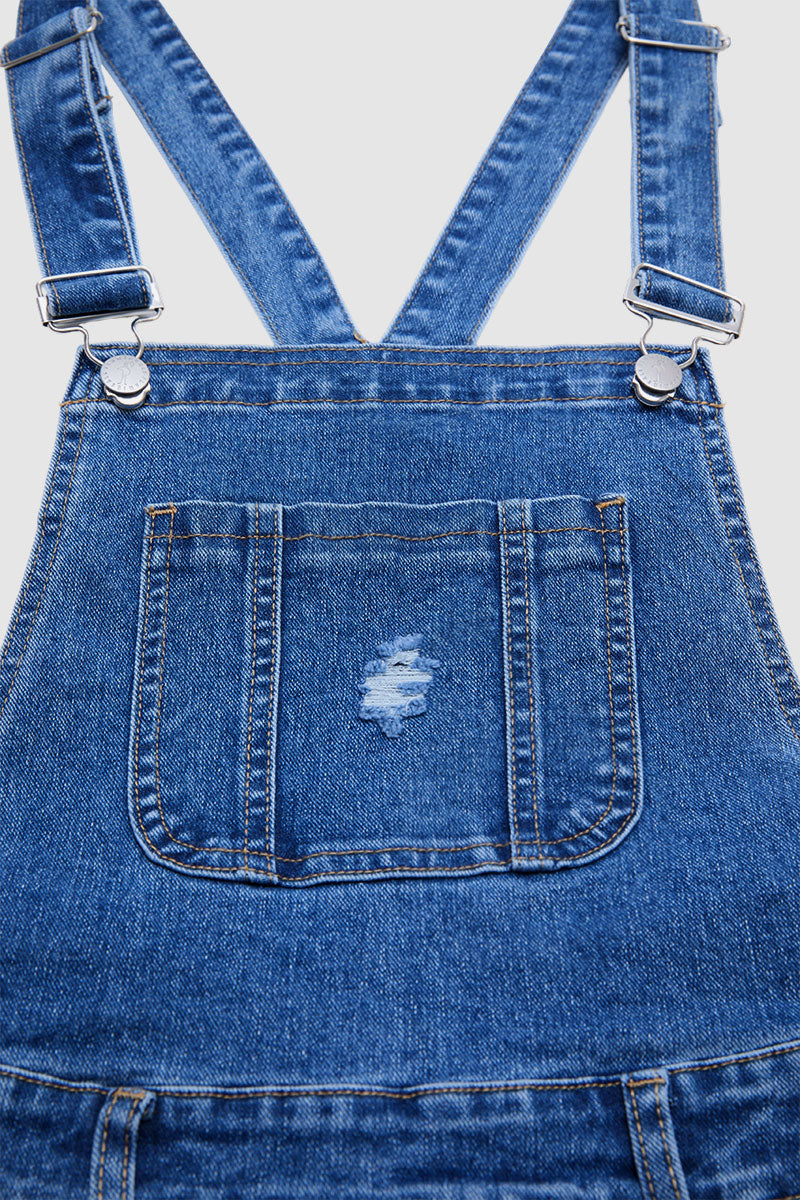 Wash Ripped Raw Hem Patch Pocket Denim Shortalls