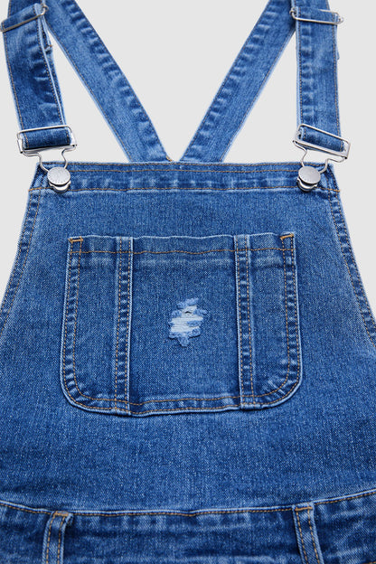 Wash Ripped Raw Hem Patch Pocket Denim Shortalls