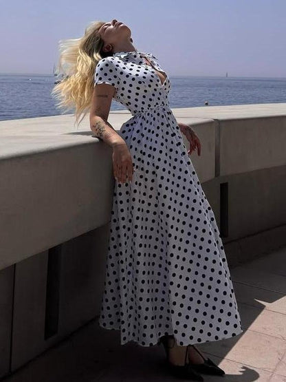 Robe longue en coton, manches courtes, col châle, à pois, vintage, blanche