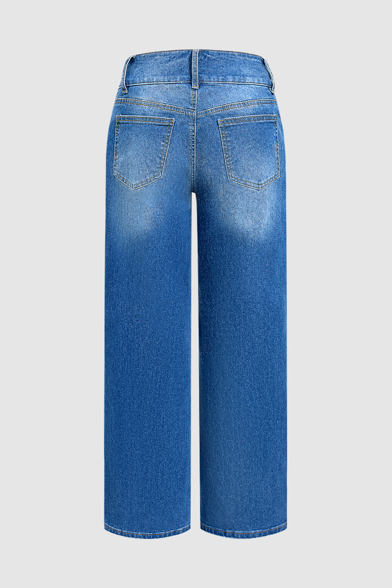 Asymmetrical Button Decor Stitch Decor Mid Waist Straight Leg Jeans