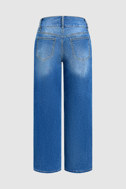 Asymmetrical Button Decor Stitch Decor Mid Waist Straight Leg Jeans